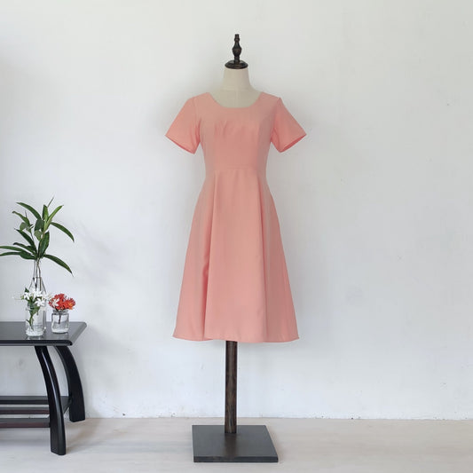 short sleeve fit and flare midi dress - peach | posh affaires