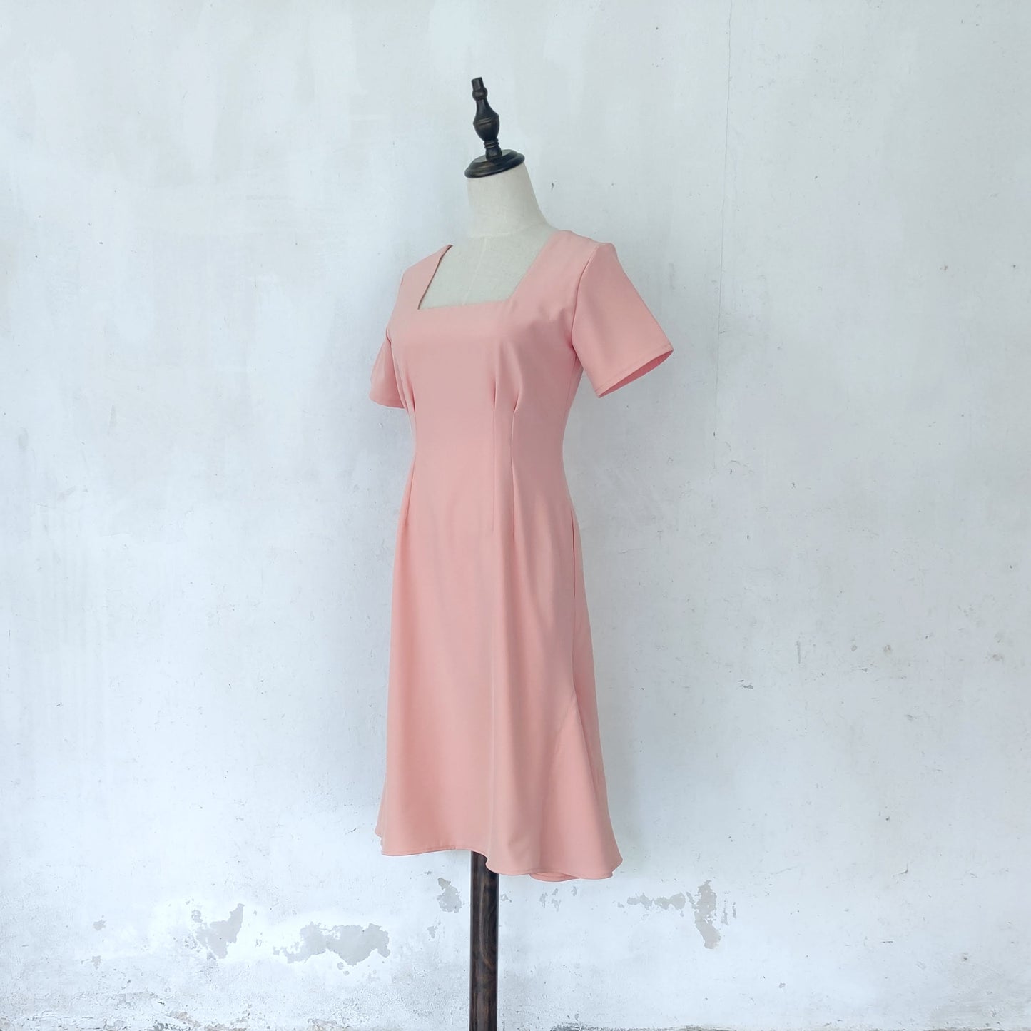 square neckline fit and flare midi dress | peach | posh affaires
