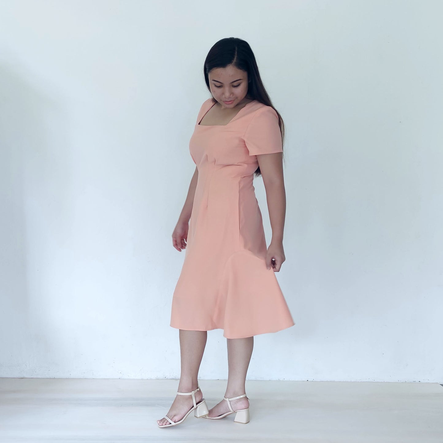 square neckline fit and flare midi dress | peach | posh affaires