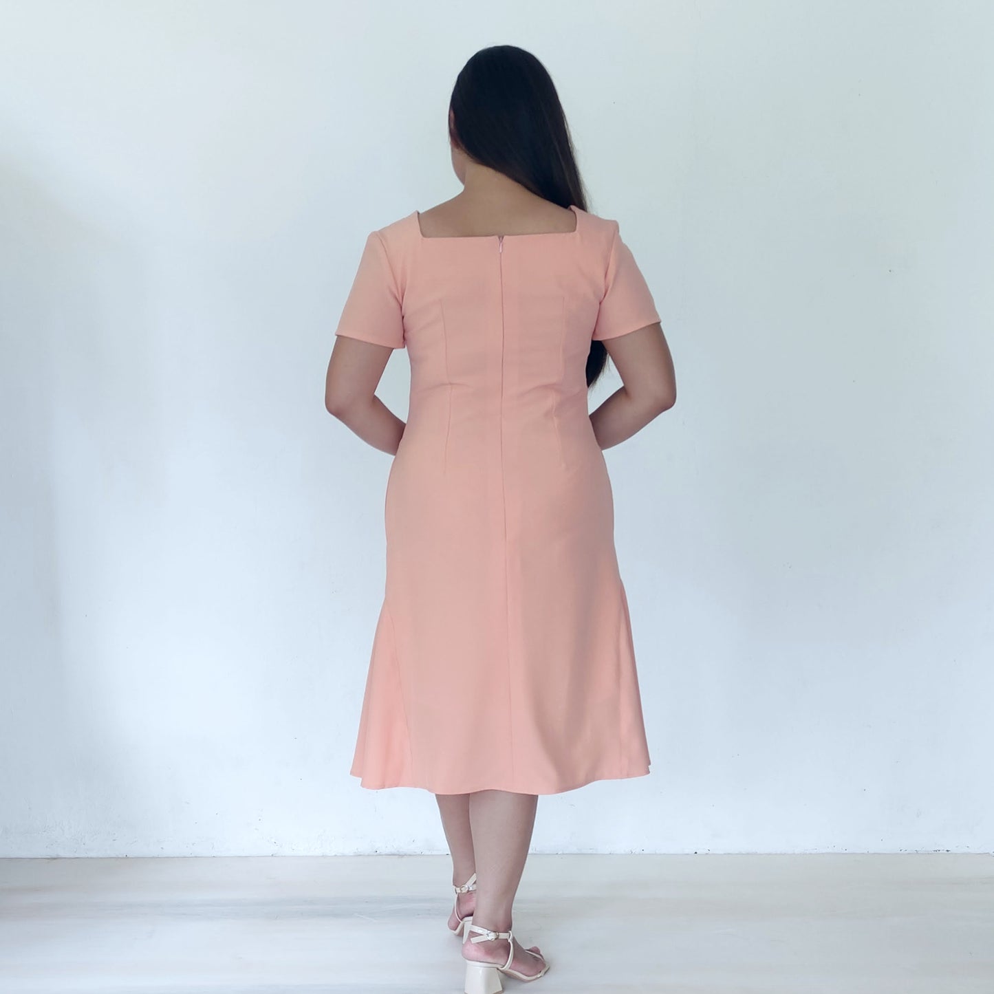 square neckline fit and flare midi dress | peach | posh affaires