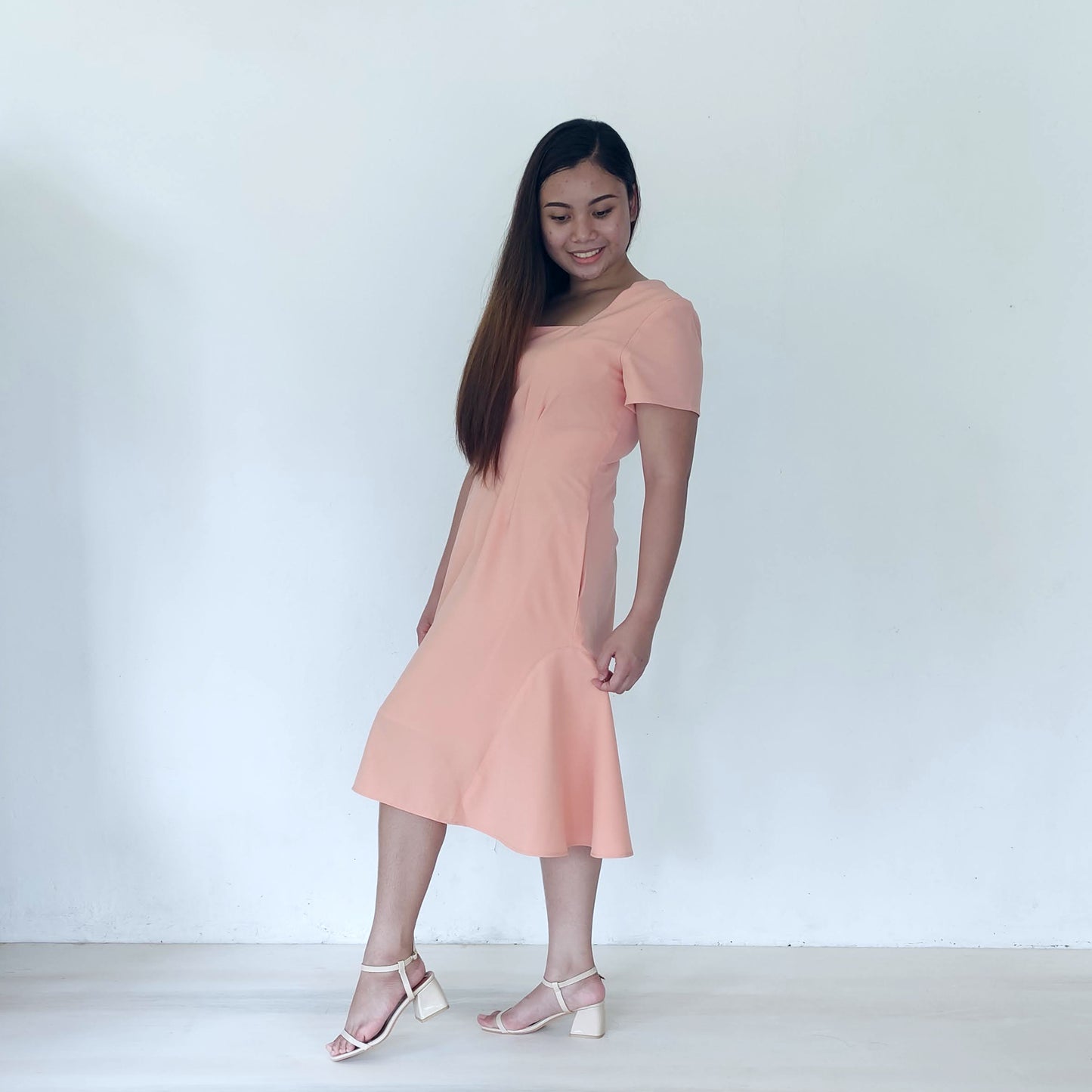 square neckline fit and flare midi dress | peach | posh affaires