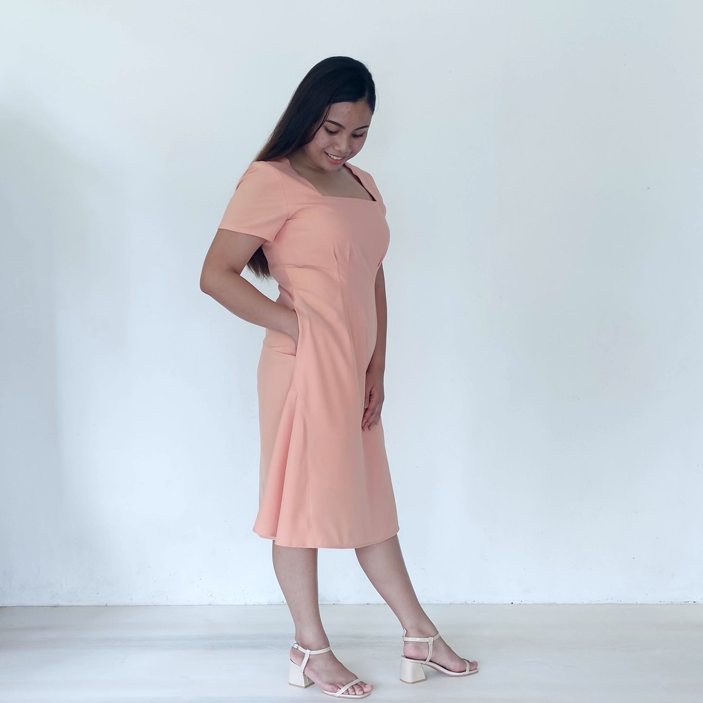 square neckline fit and flare midi dress | peach | posh affaires