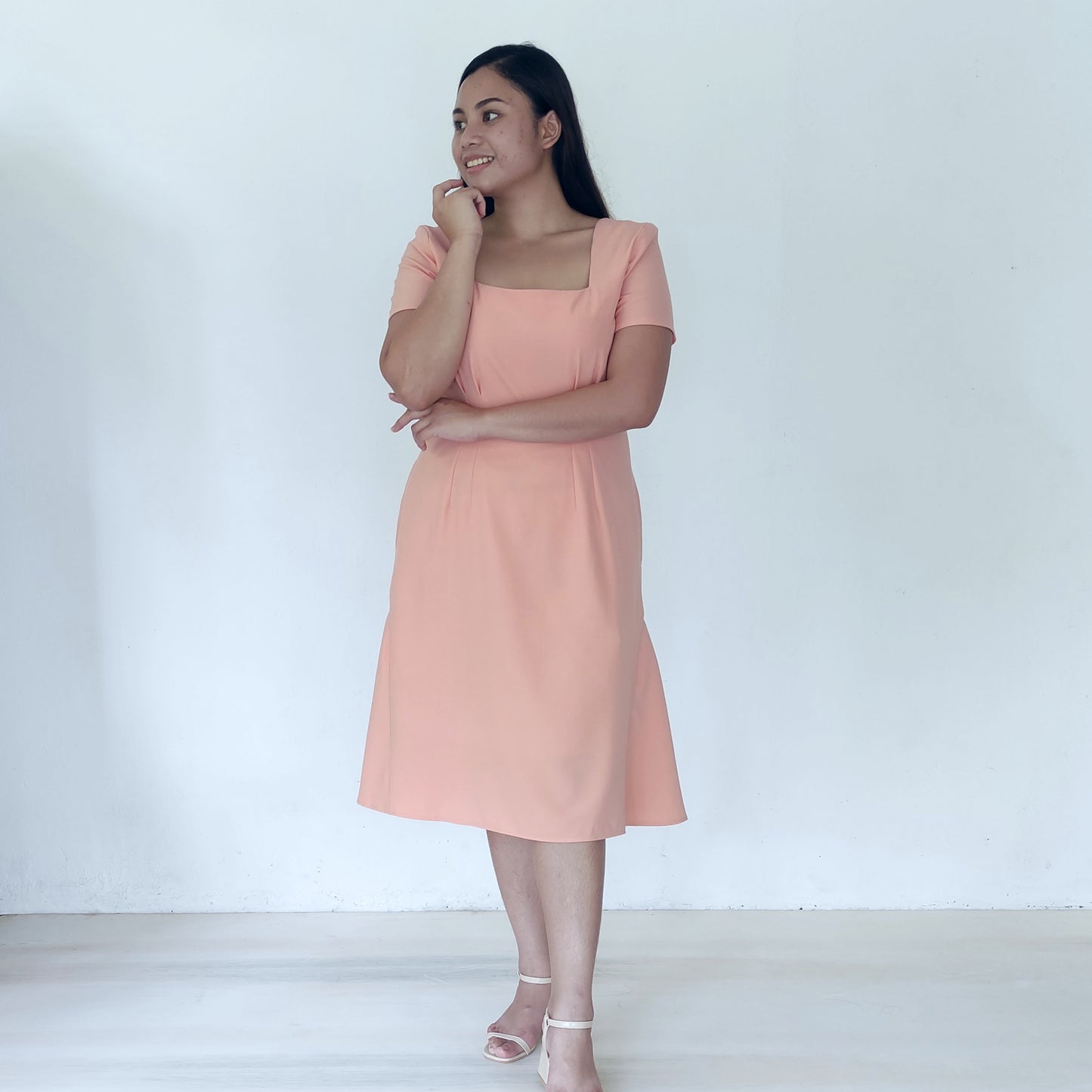 square neckline fit and flare midi dress | peach | posh affaires