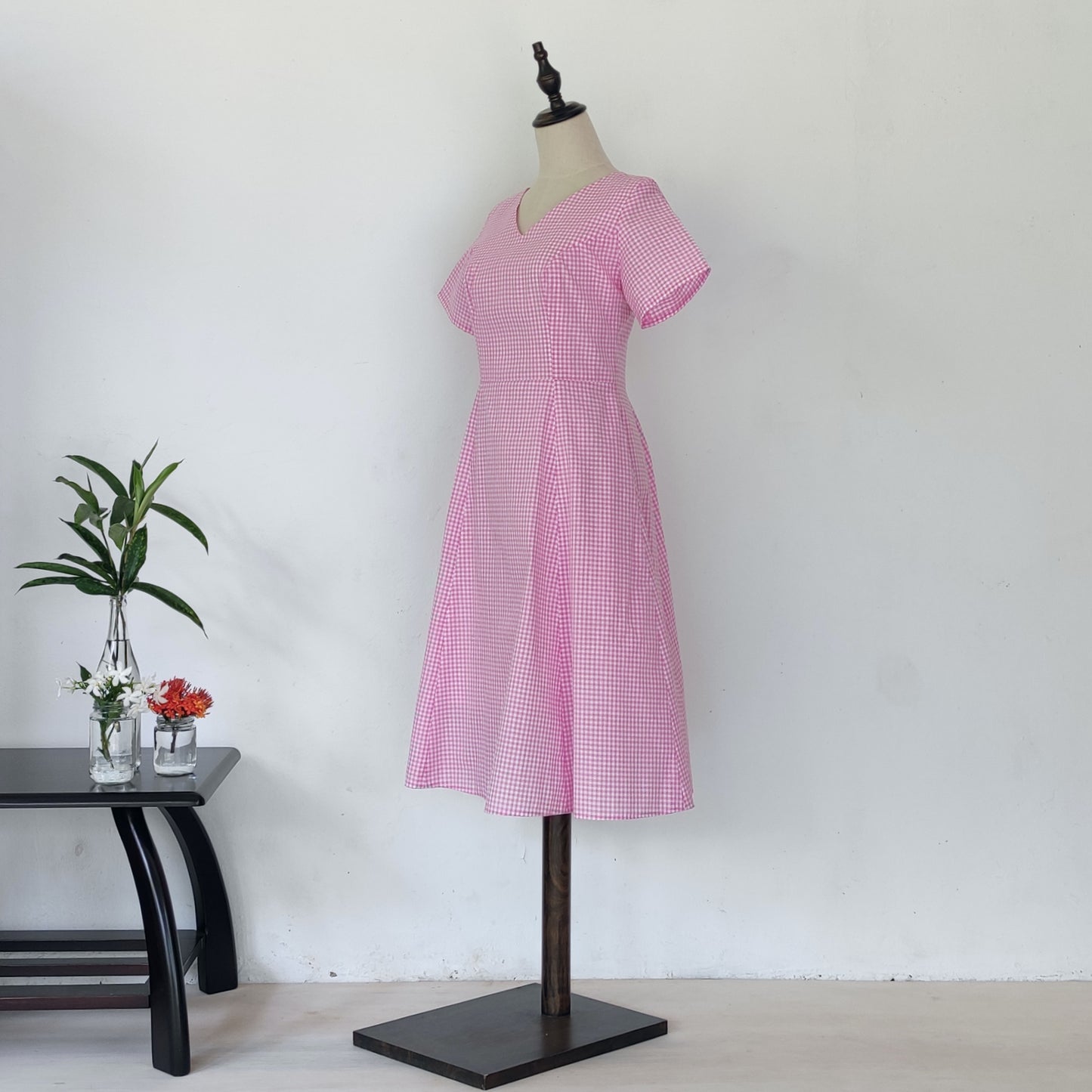 fit and flare gingham midi dress - baby pink | posh affaires