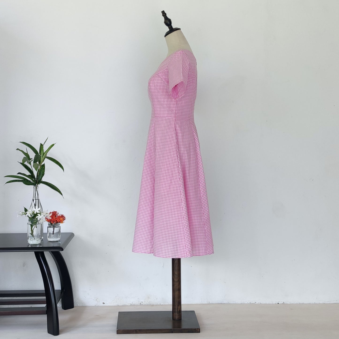 fit and flare gingham midi dress - baby pink | posh affaires