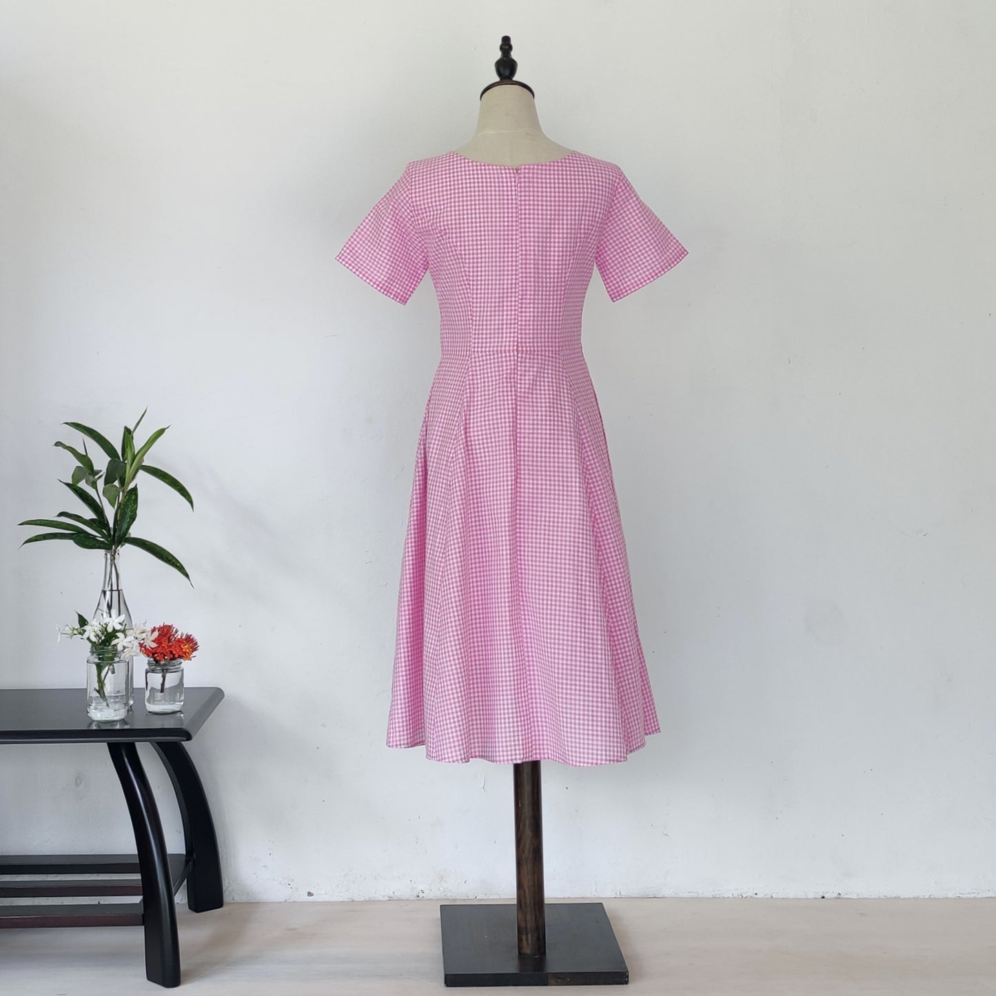 fit and flare gingham midi dress - baby pink | posh affaires
