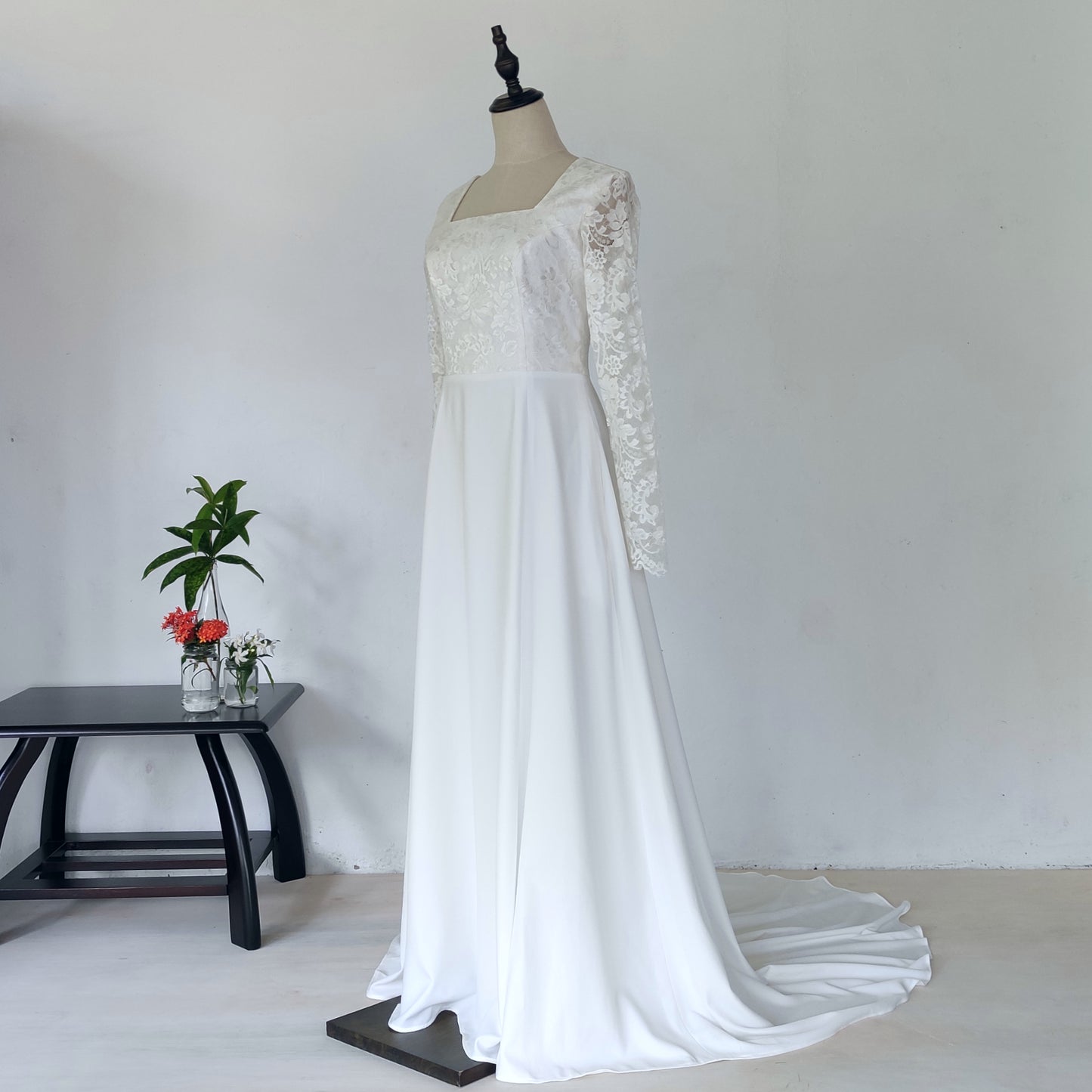 long sleeve A-line wedding dress with train - off white | posh affaires