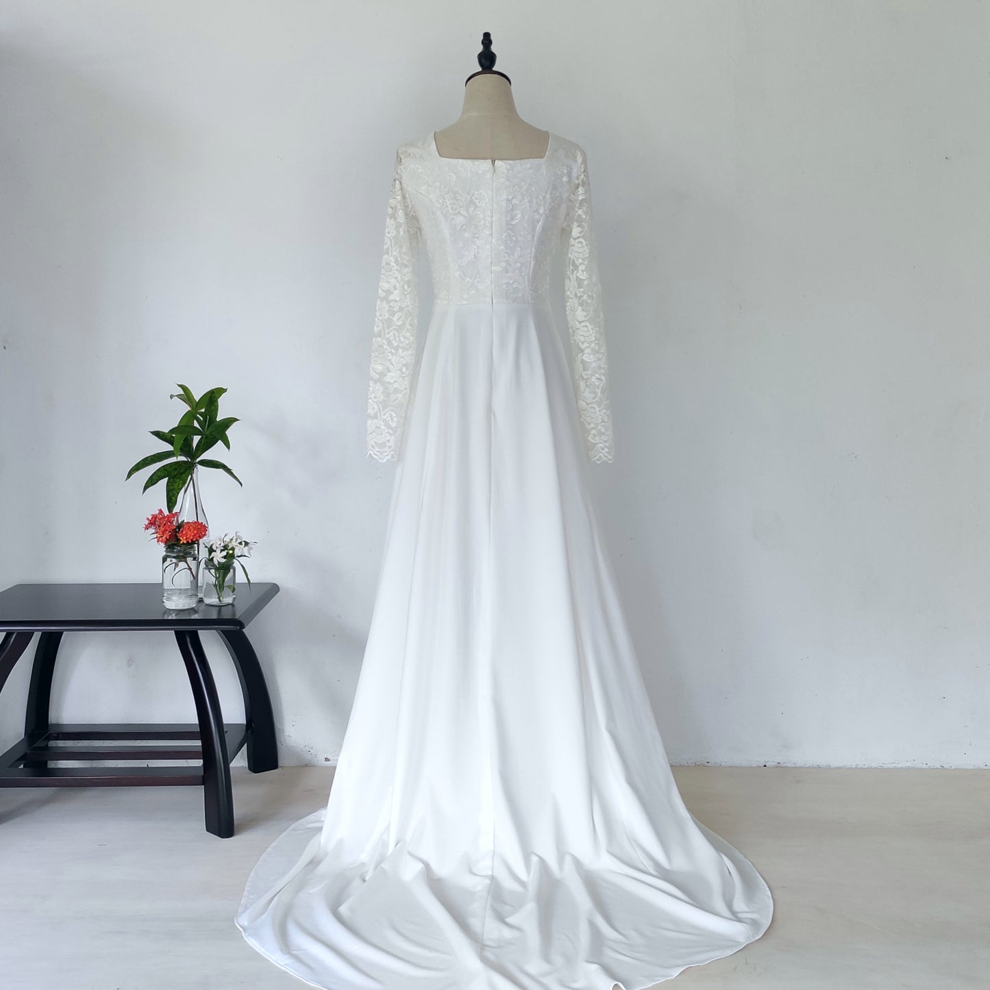 long sleeve A-line wedding dress with train - off white | posh affaires