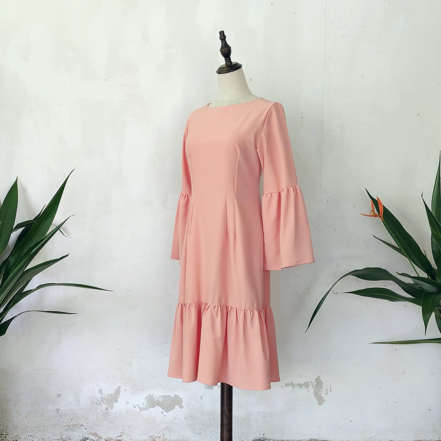 trumpet sleeve midi dress | peach | posh affaires