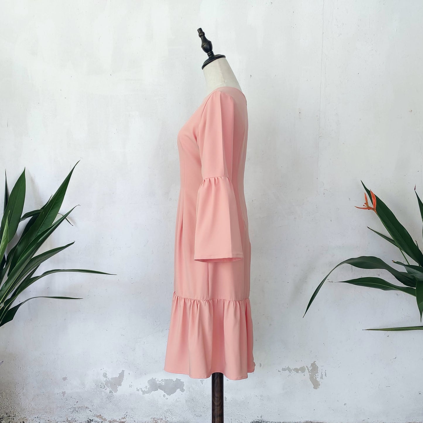 trumpet sleeve midi dress | peach | posh affaires