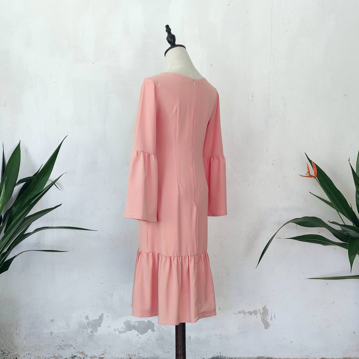 trumpet sleeve midi dress | peach | posh affaires