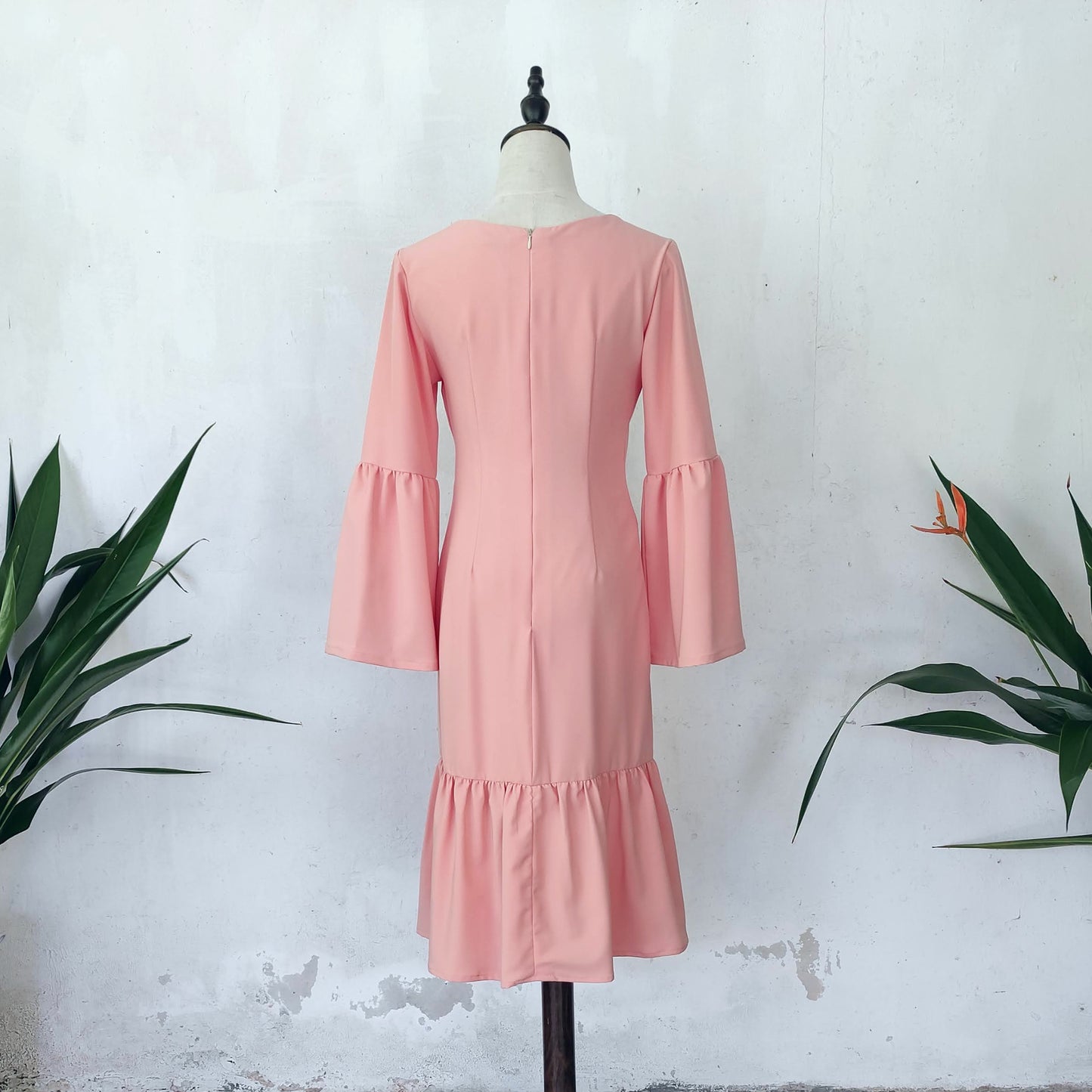 trumpet sleeve midi dress | peach | posh affaires