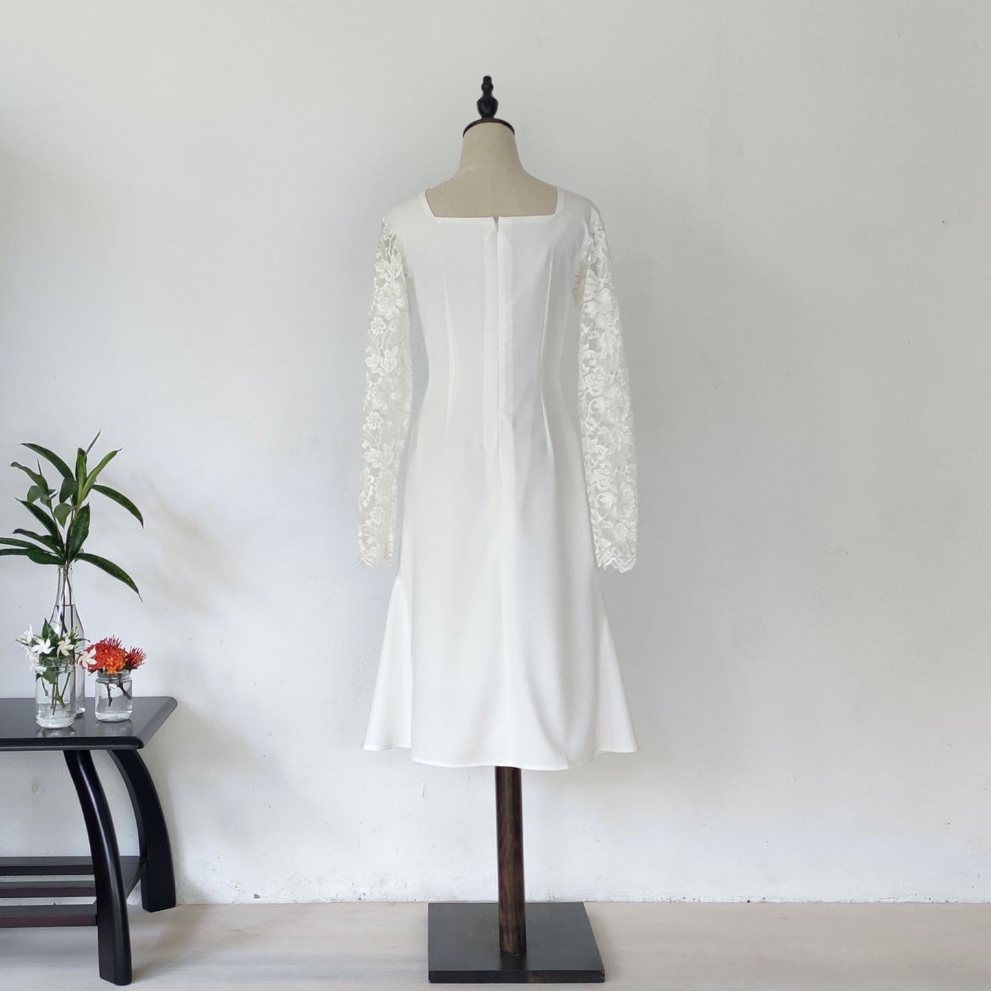 long sleeve midi wedding dress - off white | posh affaires