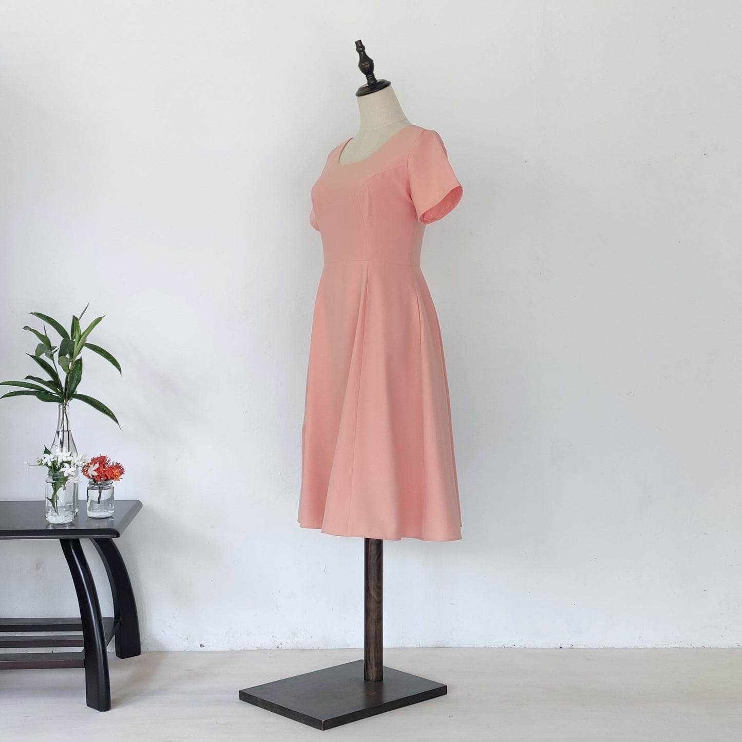 short sleeve fit and flare midi dress - peach | posh affaires