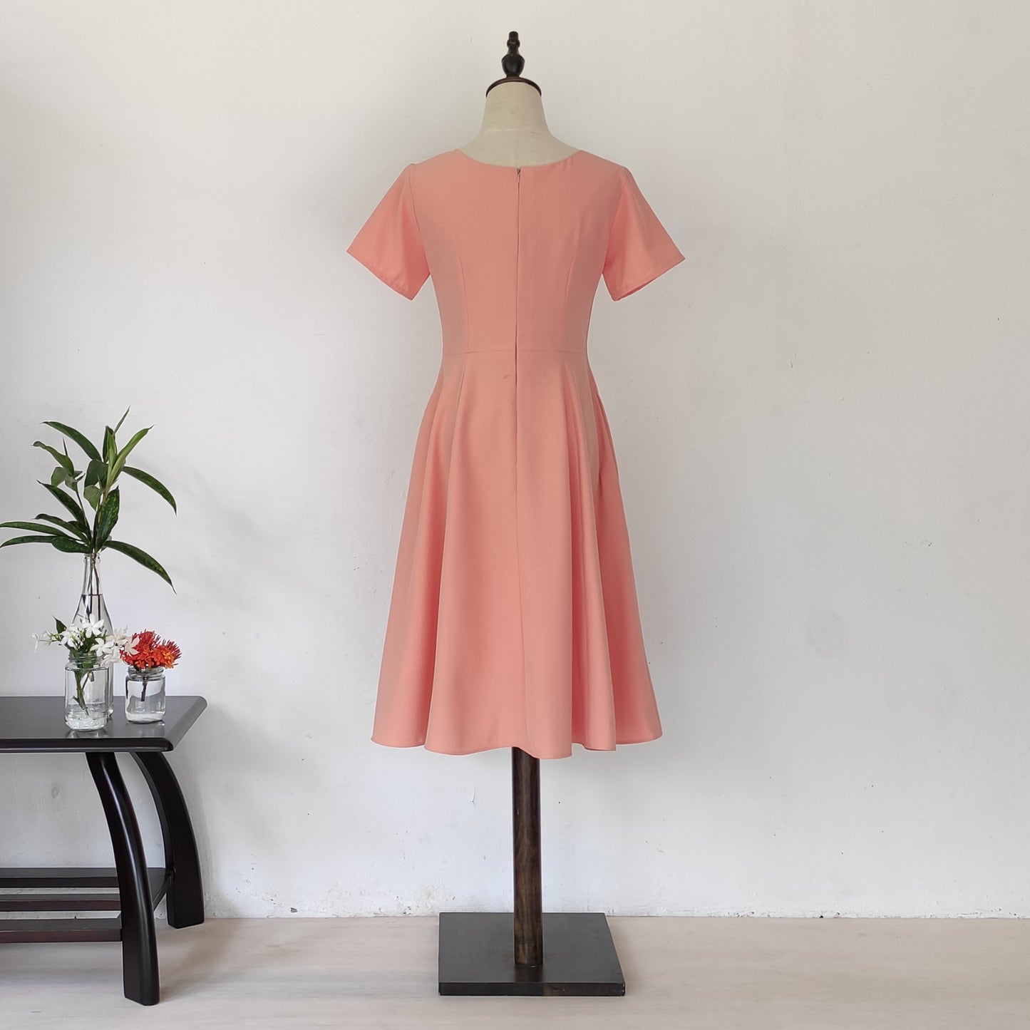 short sleeve fit and flare midi dress - peach | posh affaires