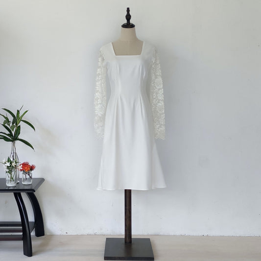 long sleeve midi wedding dress - off white | posh affaires