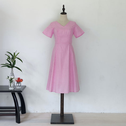 fit and flare gingham midi dress - baby pink | posh affaires