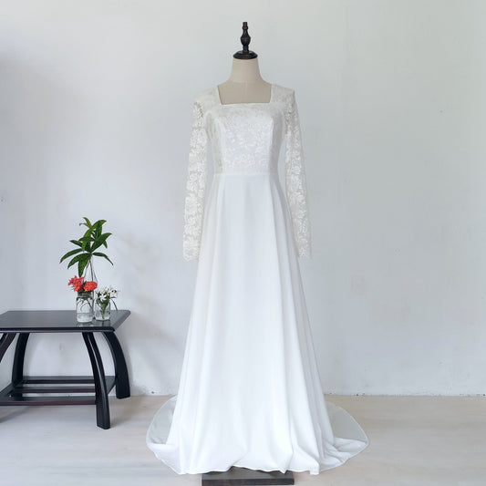 long sleeve A-line wedding dress with train - off white | posh affaires