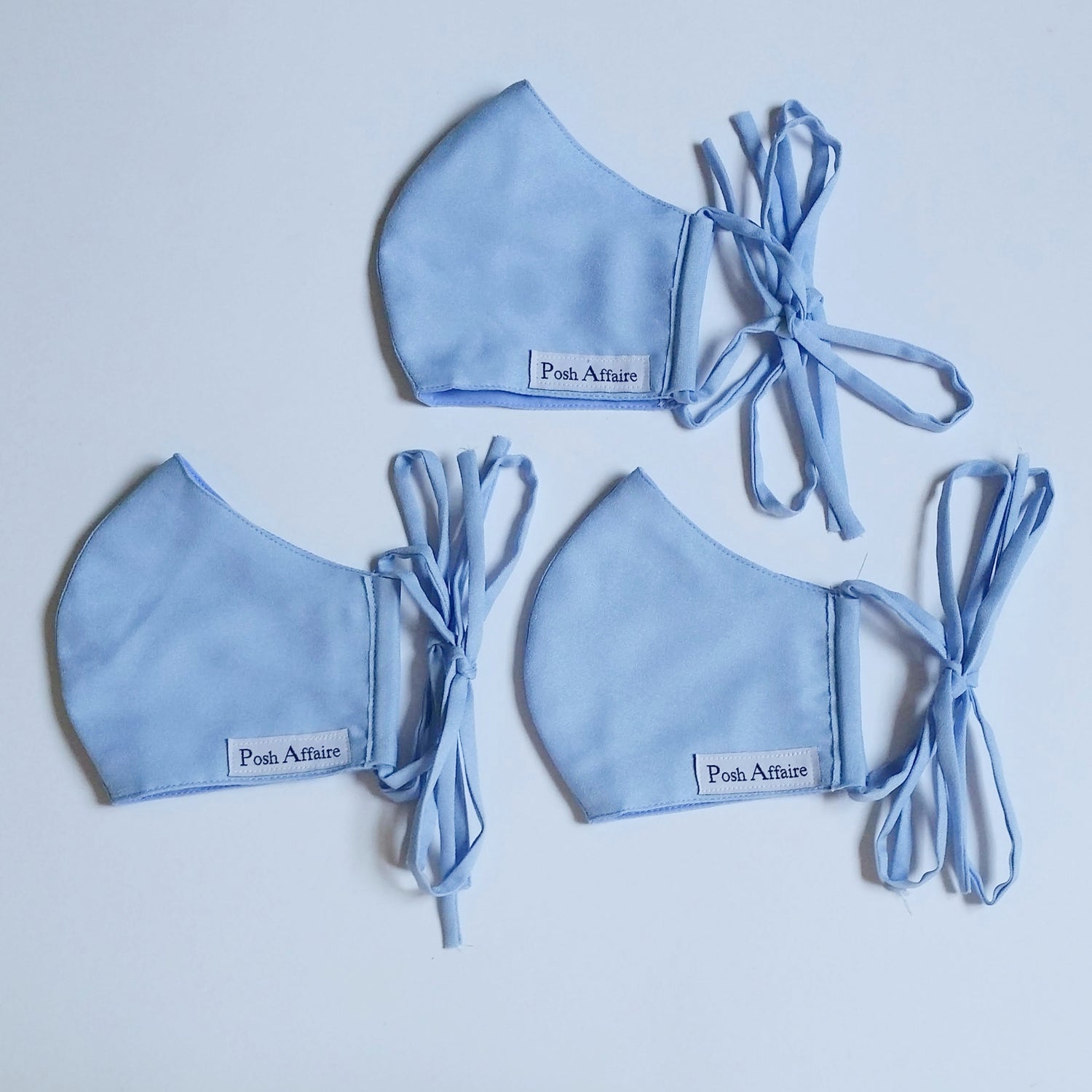 fabric face masks with matching straps | baby blue | set of 3 | posh affaires
