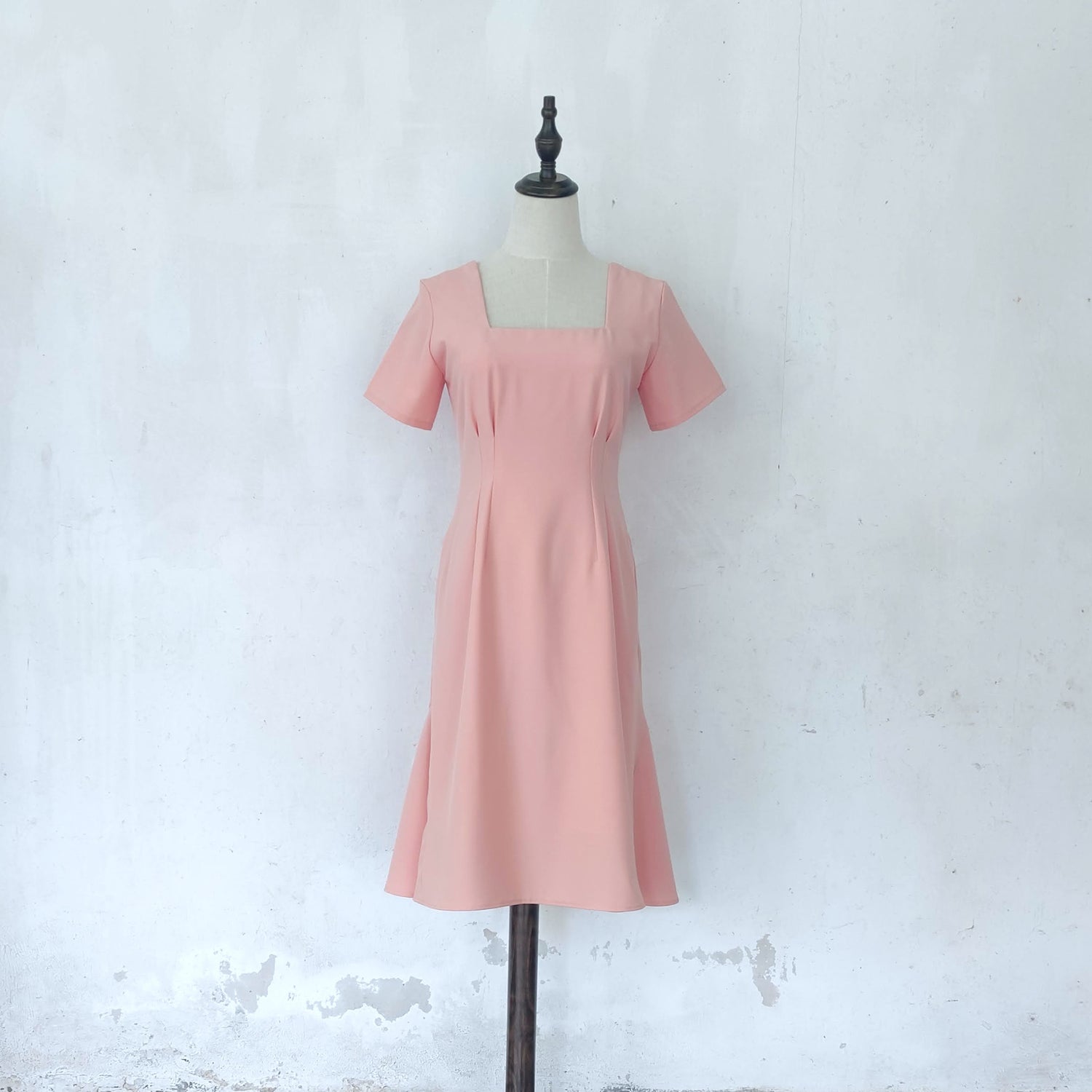 square neckline fit and flare midi dress | peach | posh affaires