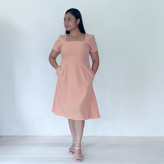 square neckline fit and flare midi dress | peach | posh affaires