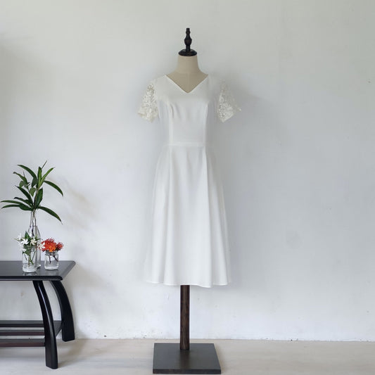 short sleeve midi wedding dress - off white | posh affaires