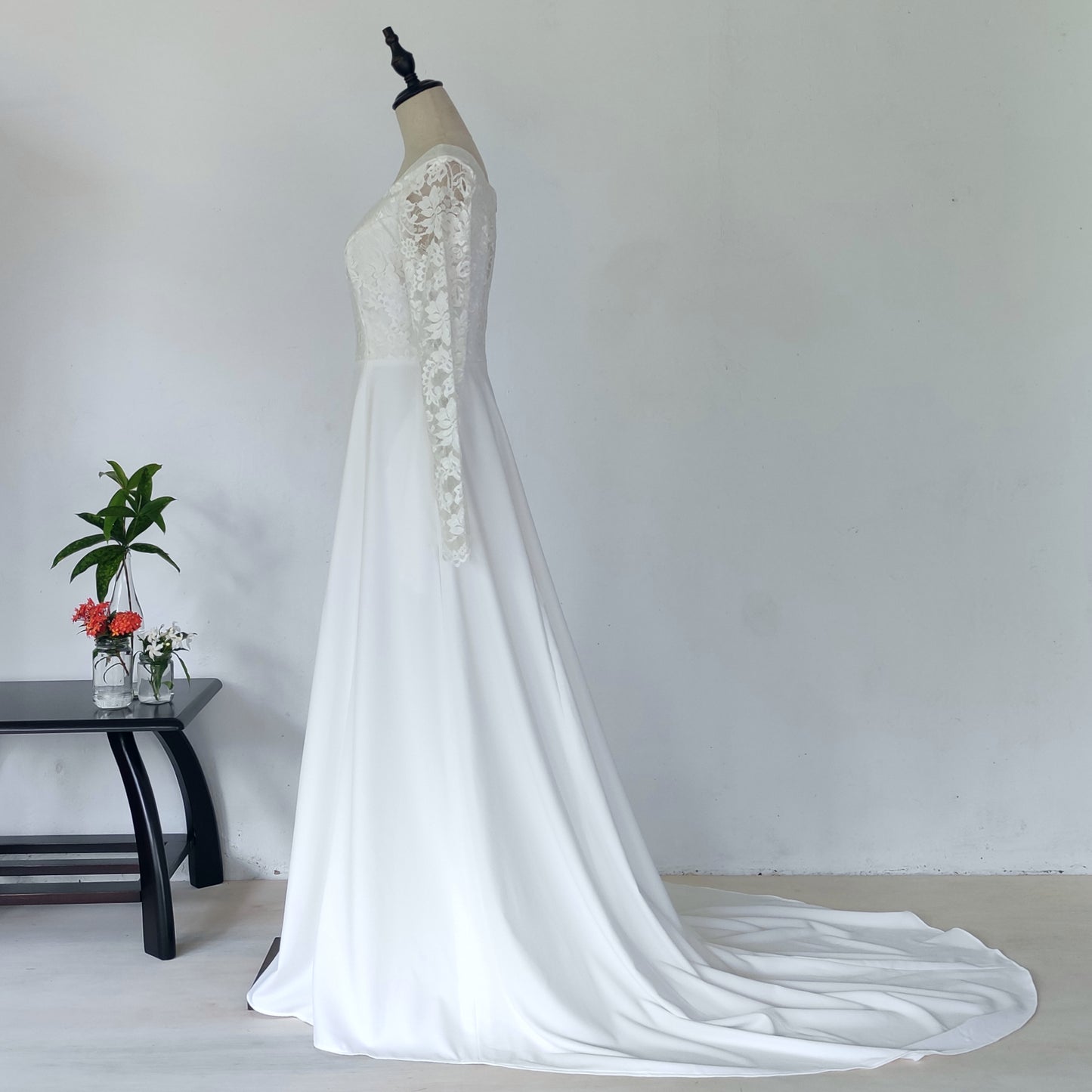 long sleeve A-line wedding dress with train - off white | posh affaires