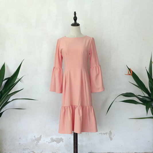 -trumpet sleeve midi dress | peach | posh affaires