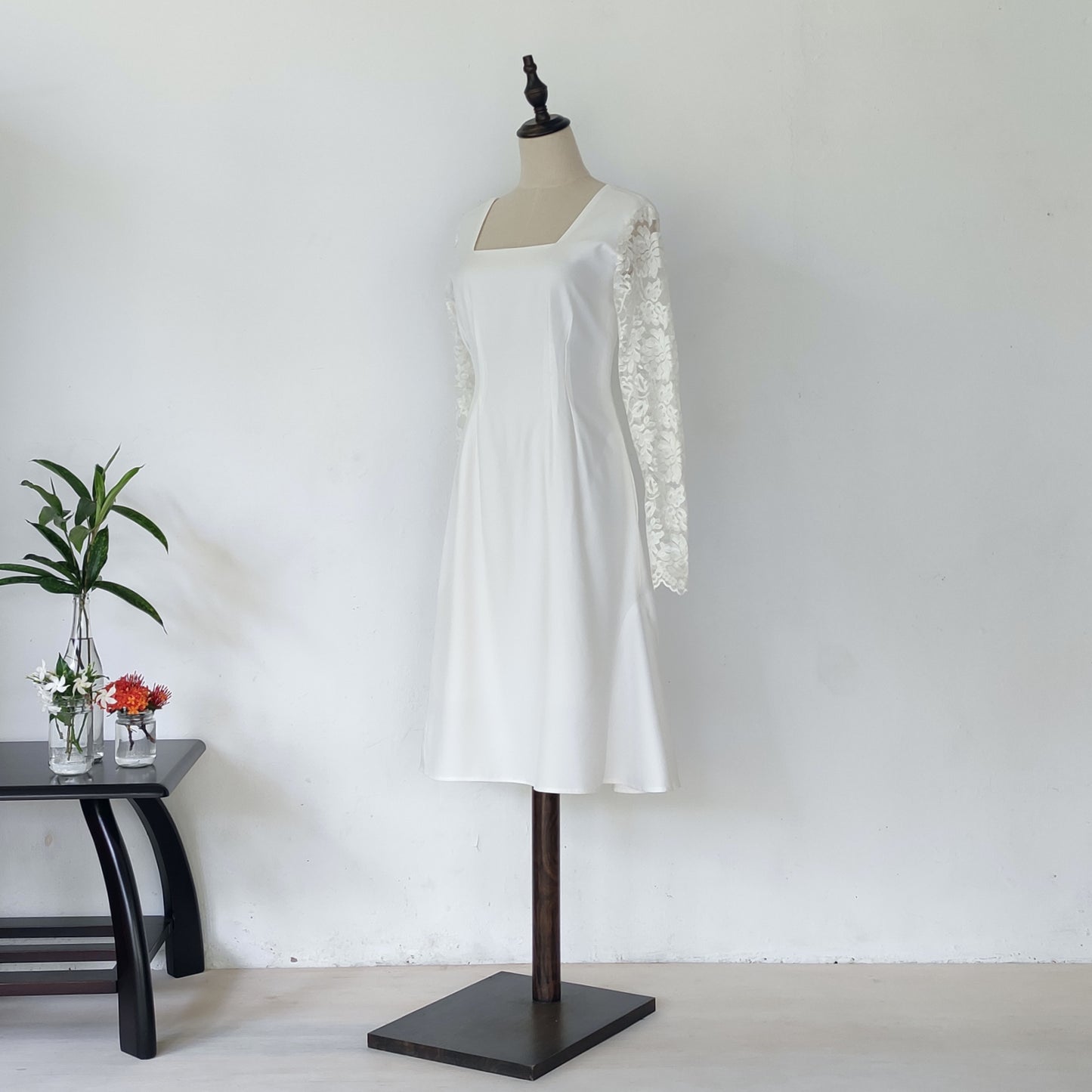 long sleeve midi wedding dress - off white | posh affaires