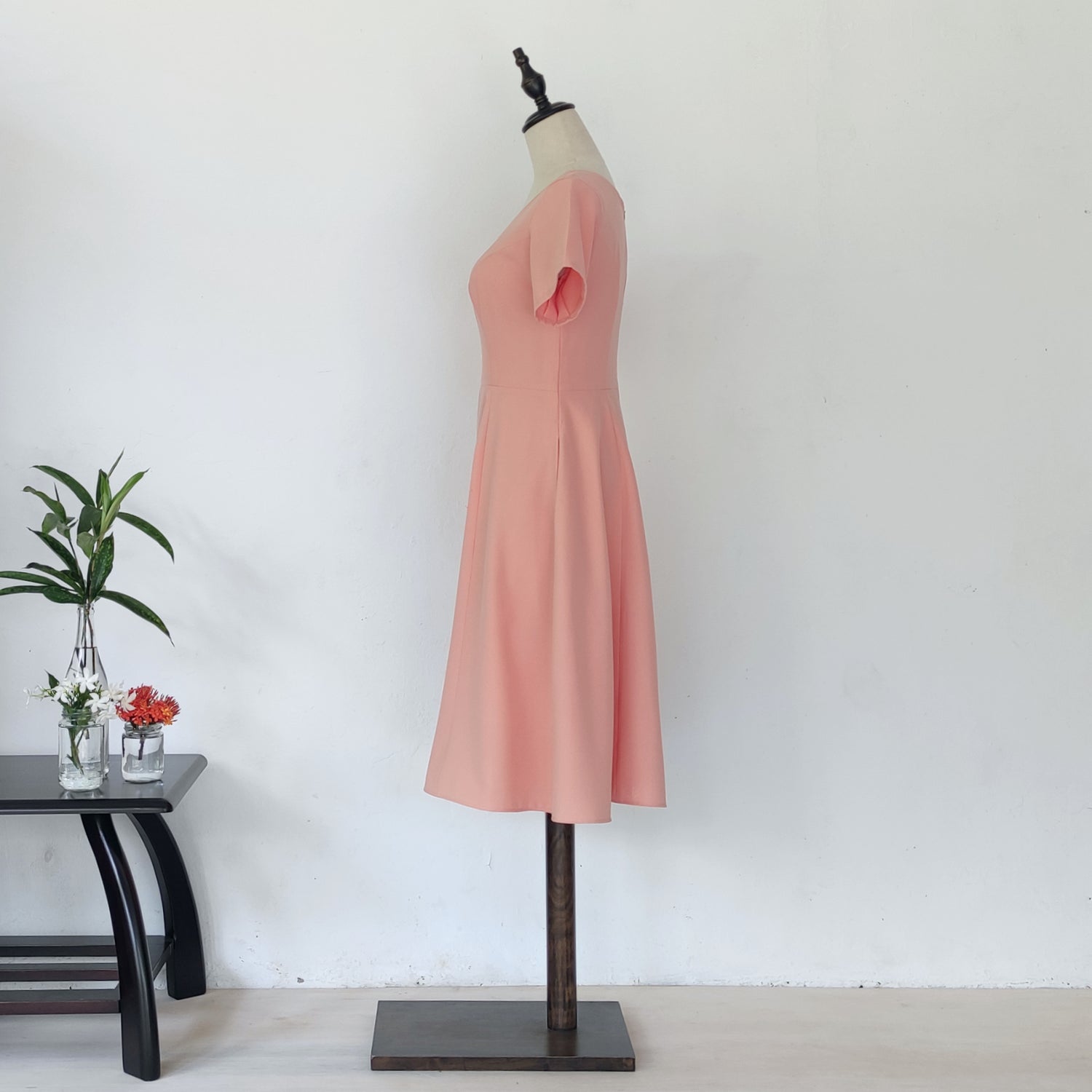 short sleeve fit and flare midi dress - peach | posh affaires