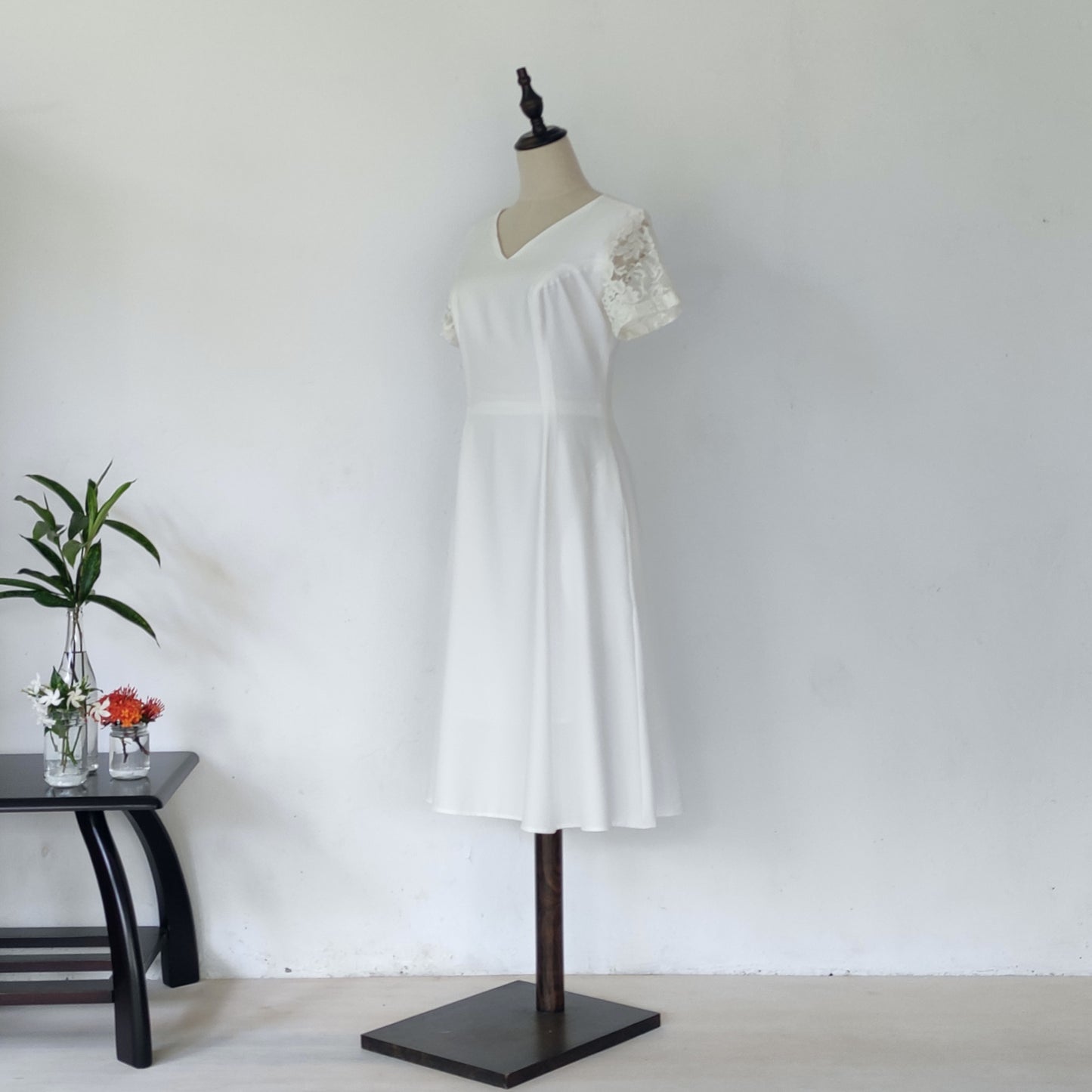 short sleeve midi wedding dress - off white | posh affaires