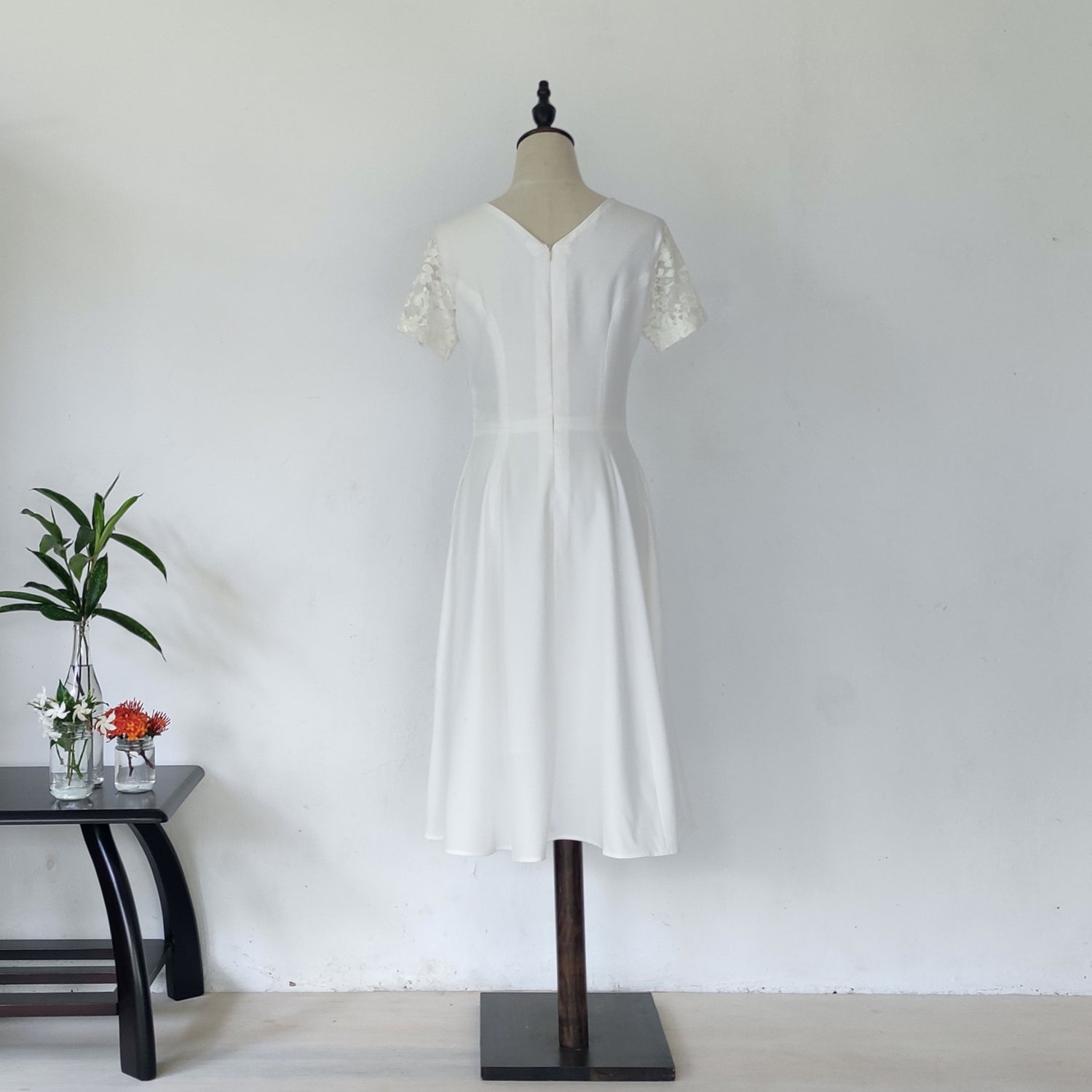 short sleeve midi wedding dress - off white | posh affaires
